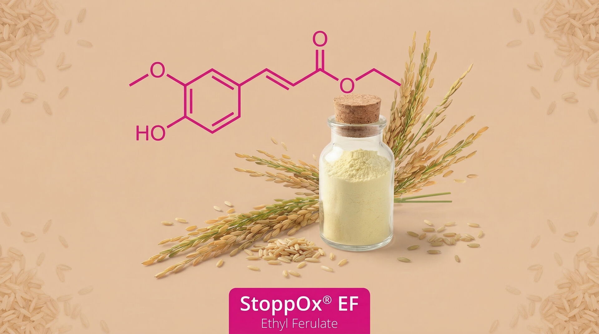 Grafik mit AOT‑Cosmetic‑Ingredients‑Logo, der chemischen Struktur von Ethylferulat, einem Glasgefäß mit gelblich‑weißem Pulver sowie Reisähren als Hinweis auf den pflanzlichen Ursprung von StoppOx® EF.