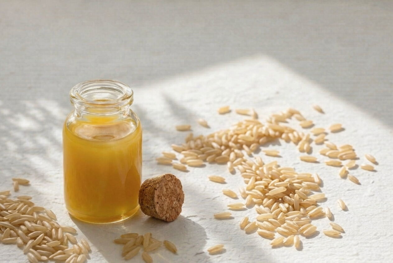 Small glass bottle filled with golden rice bran oil, surrounded by rice grains on a light surface in warm sunlight.